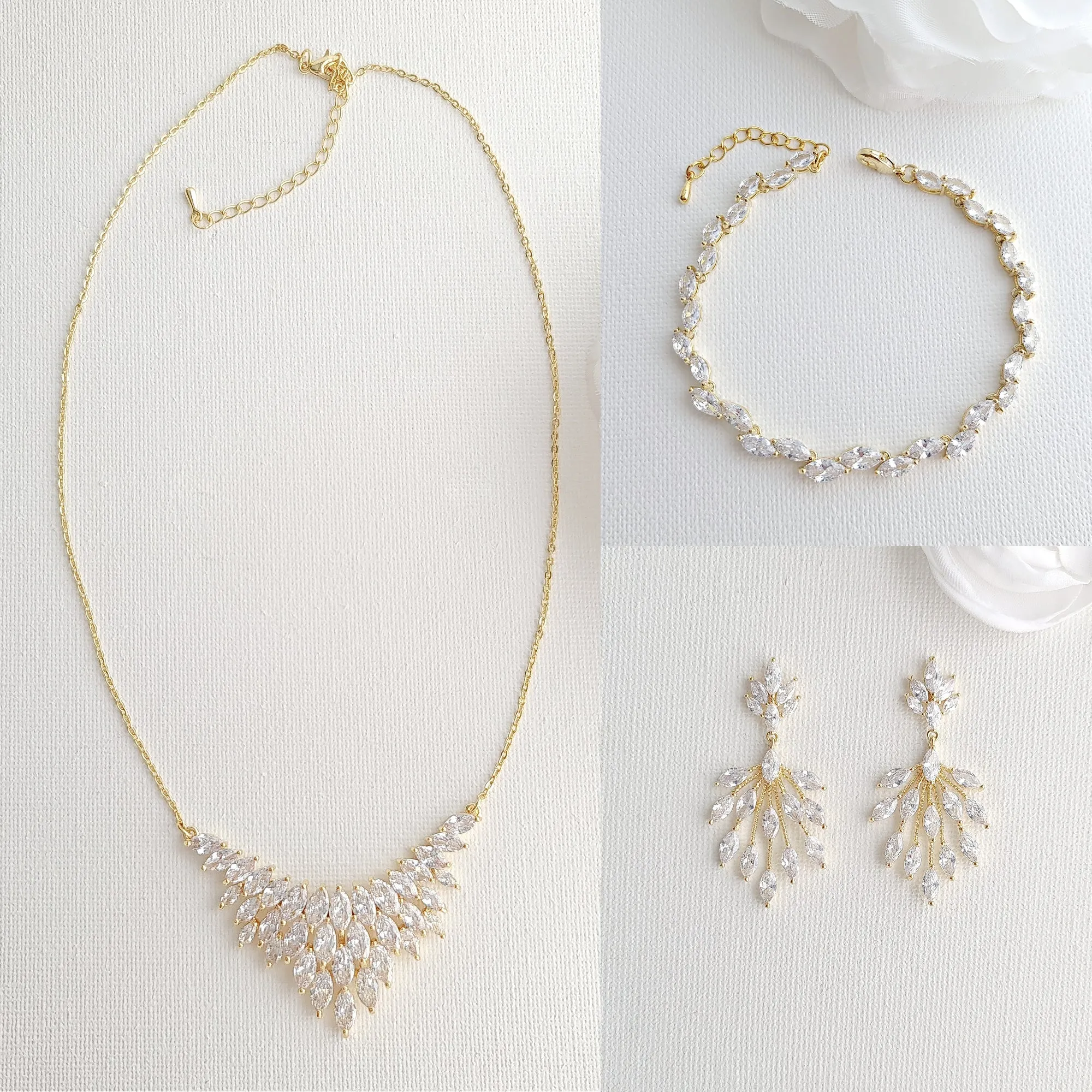 CZ Leaf Gold Jewelry Set for Weddings-Belle