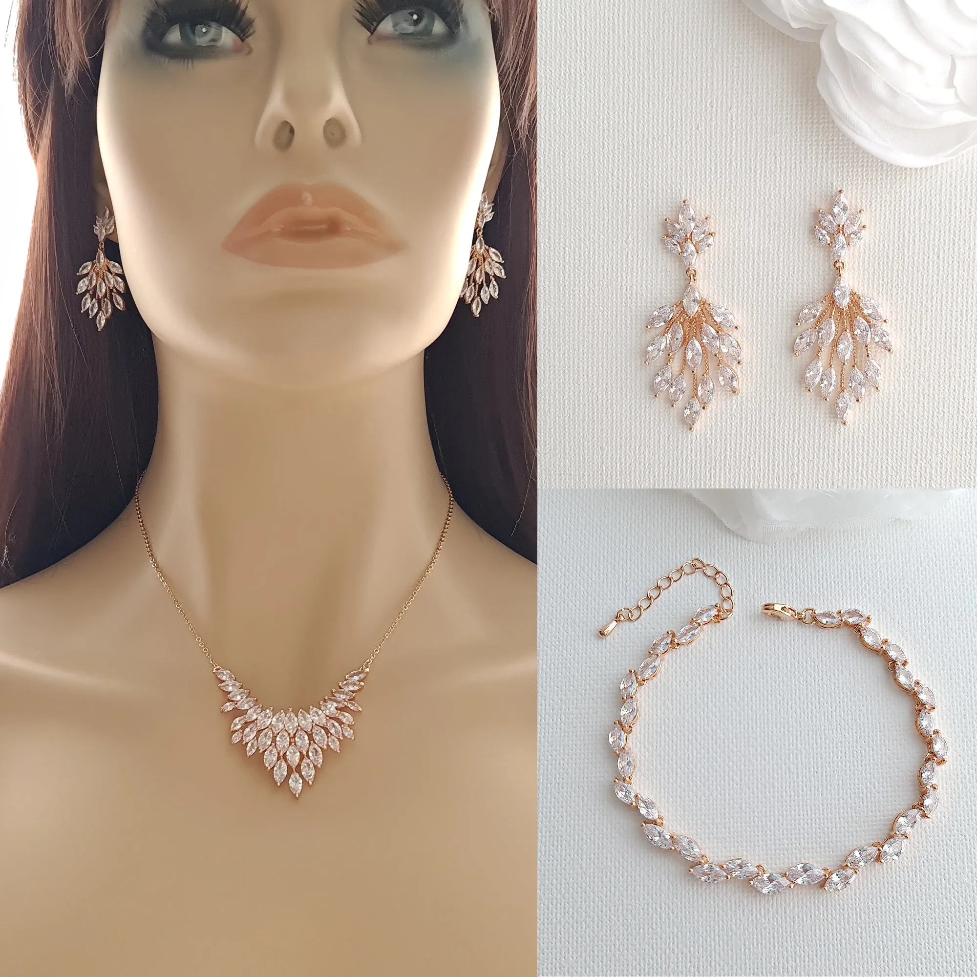 CZ Leaf Gold Jewelry Set for Weddings-Belle