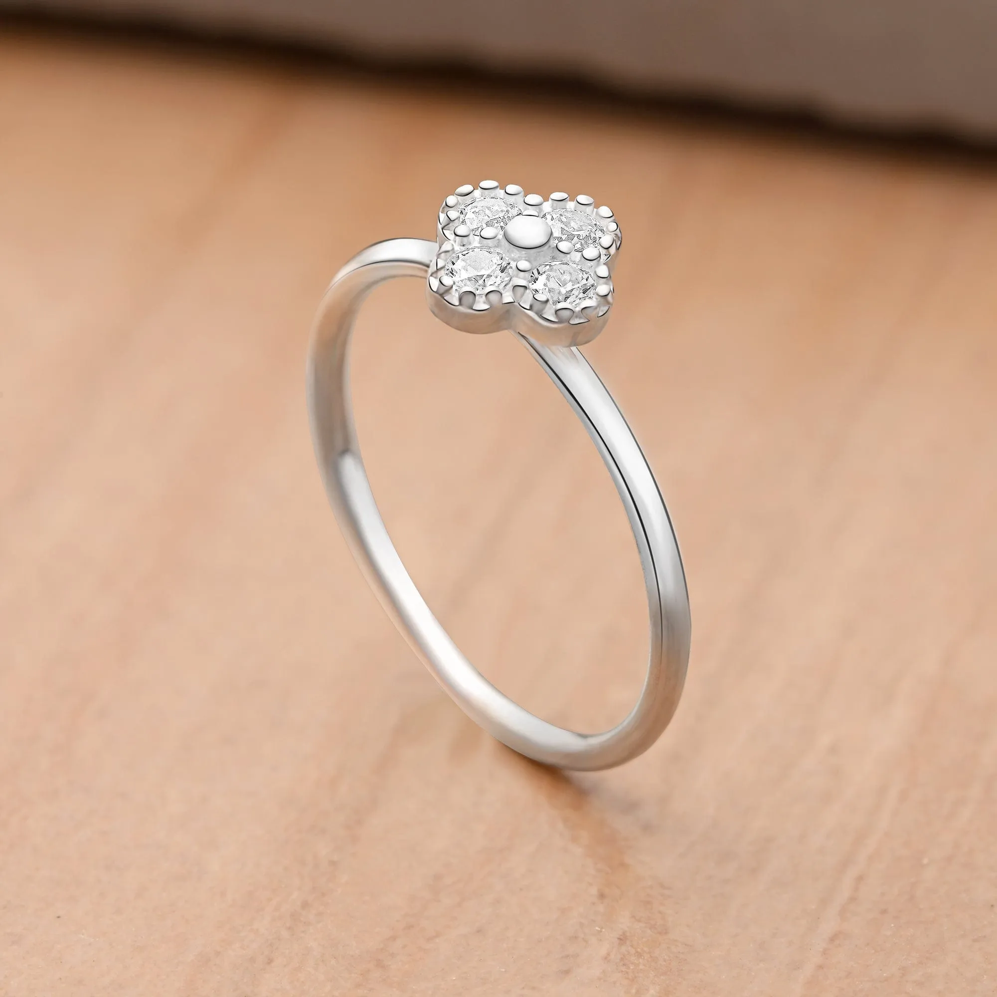 CZ Lucky Clover Silver Stackable Ring