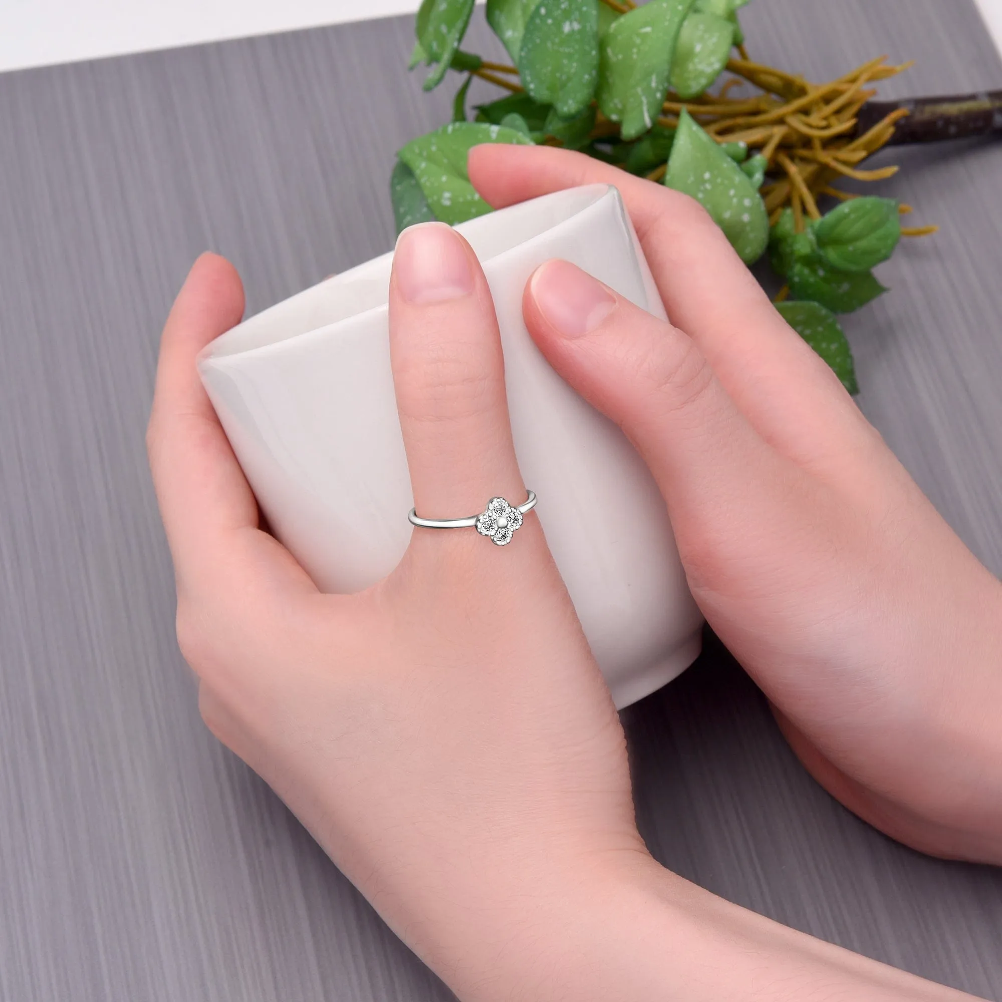 CZ Lucky Clover Silver Stackable Ring