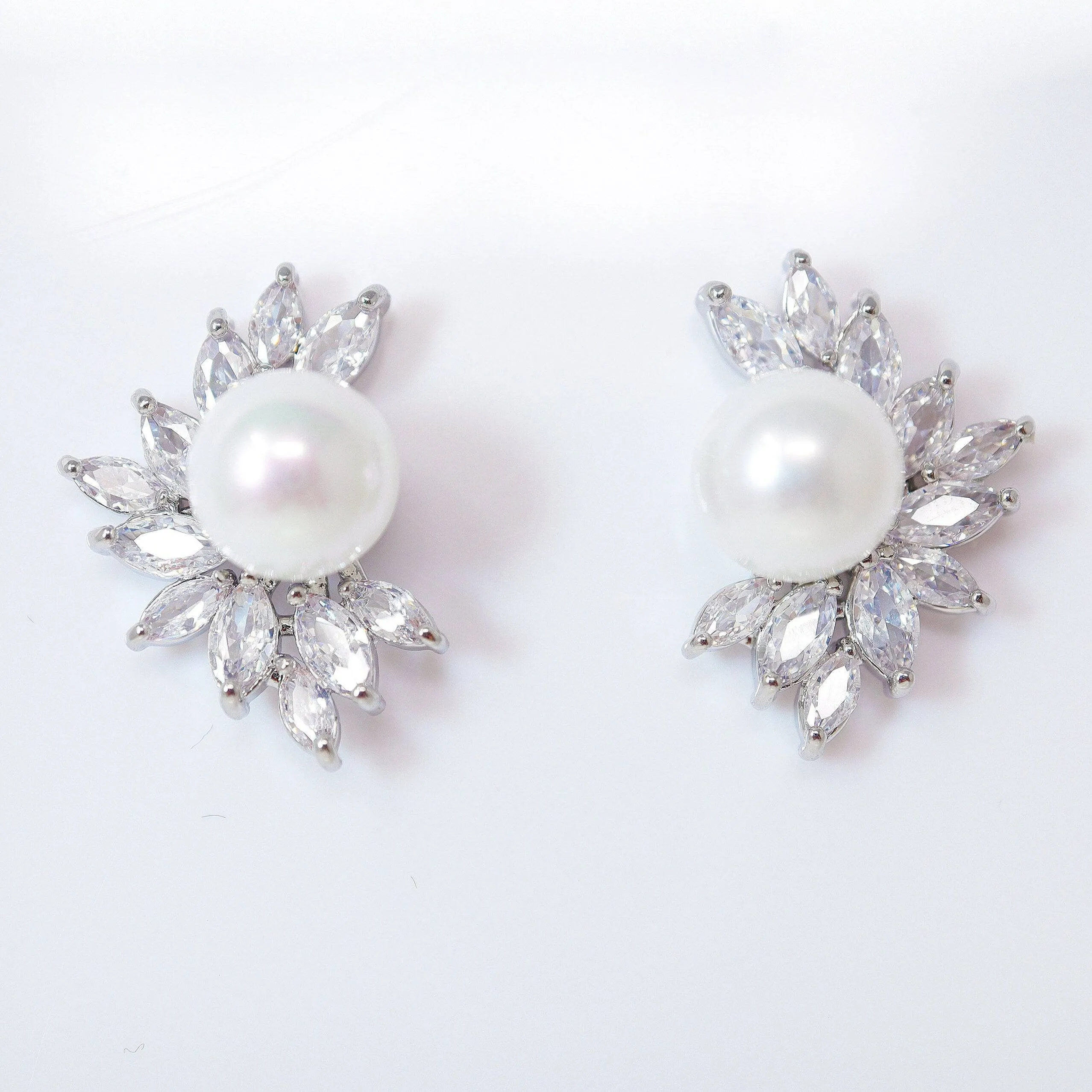 CZ Pearl Leaves Earrings, Bridal Jewelry, Bridal Stud Earrings, Crystal Bridal Earrings, Statement Earrings Cz