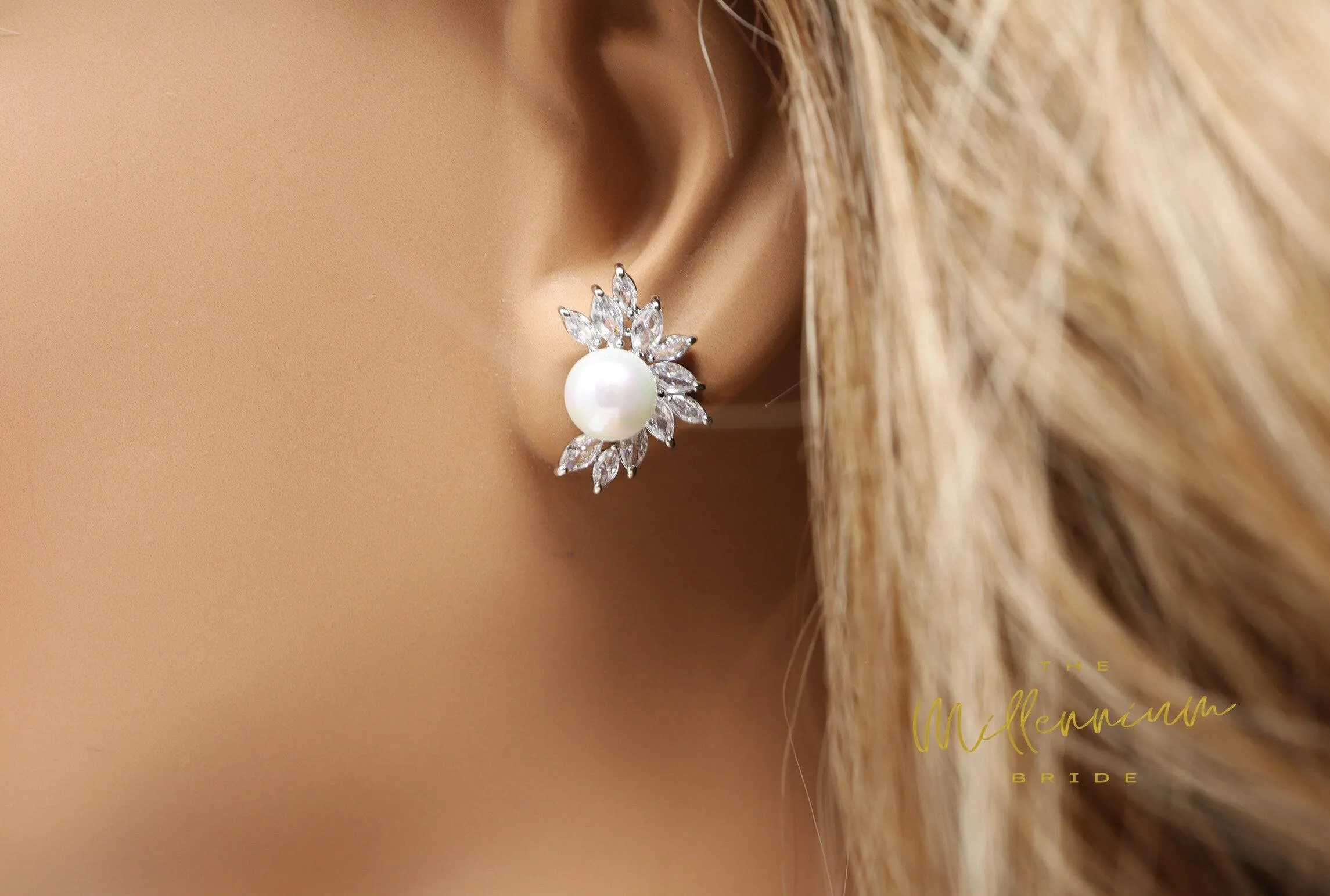 CZ Pearl Leaves Earrings, Bridal Jewelry, Bridal Stud Earrings, Crystal Bridal Earrings, Statement Earrings Cz