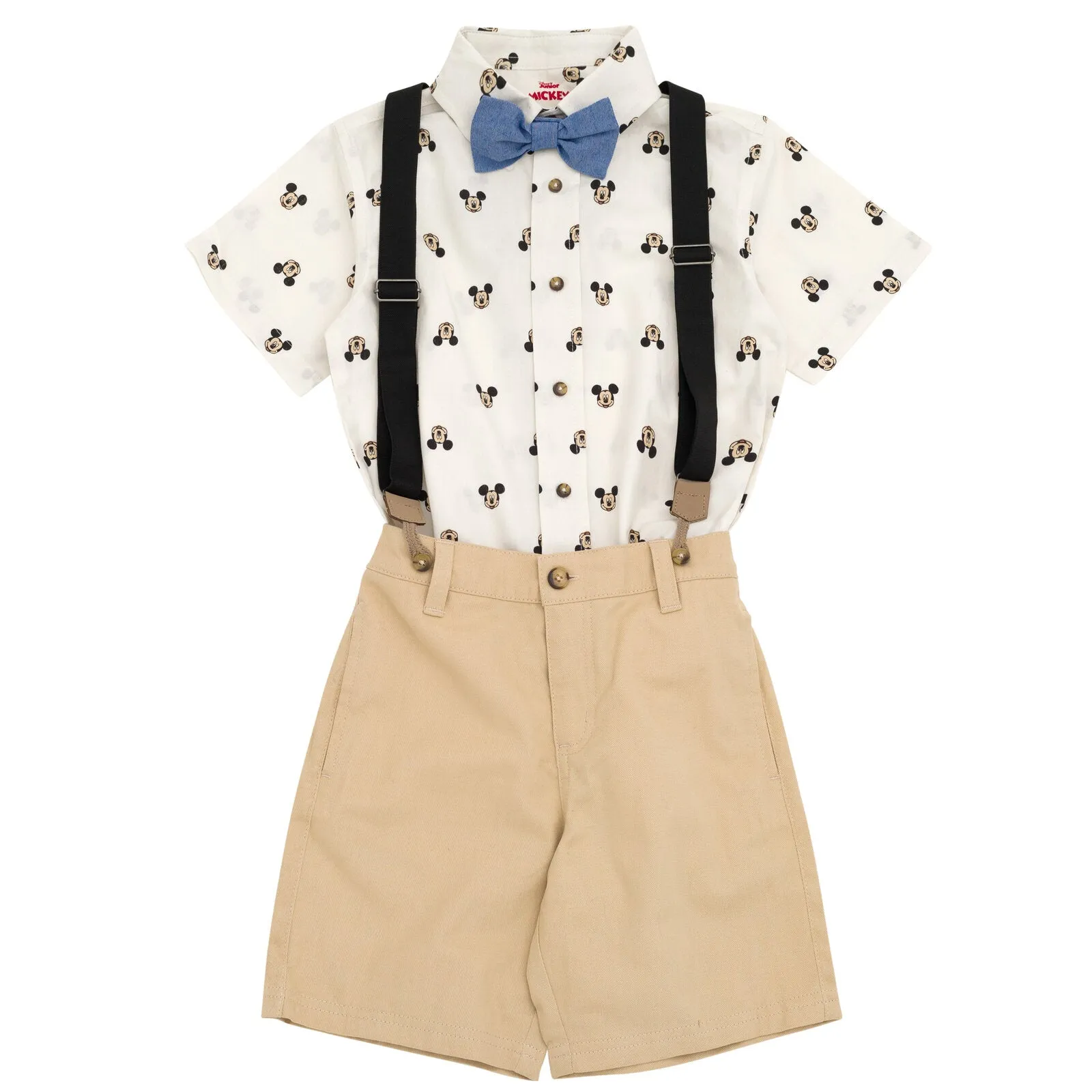 Disney Mickey Mouse Button Down Shirt Twill Shorts Suspenders and Bow-Tie 4 Piece Outfit Set