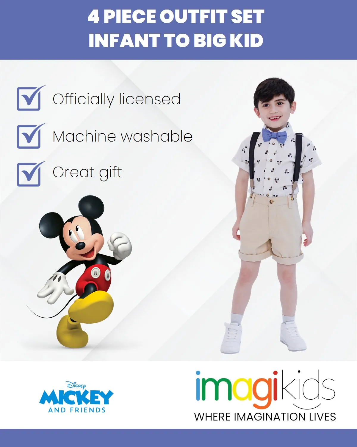 Disney Mickey Mouse Button Down Shirt Twill Shorts Suspenders and Bow-Tie 4 Piece Outfit Set