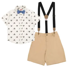 Disney Mickey Mouse Button Down Shirt Twill Shorts Suspenders and Bow-Tie 4 Piece Outfit Set