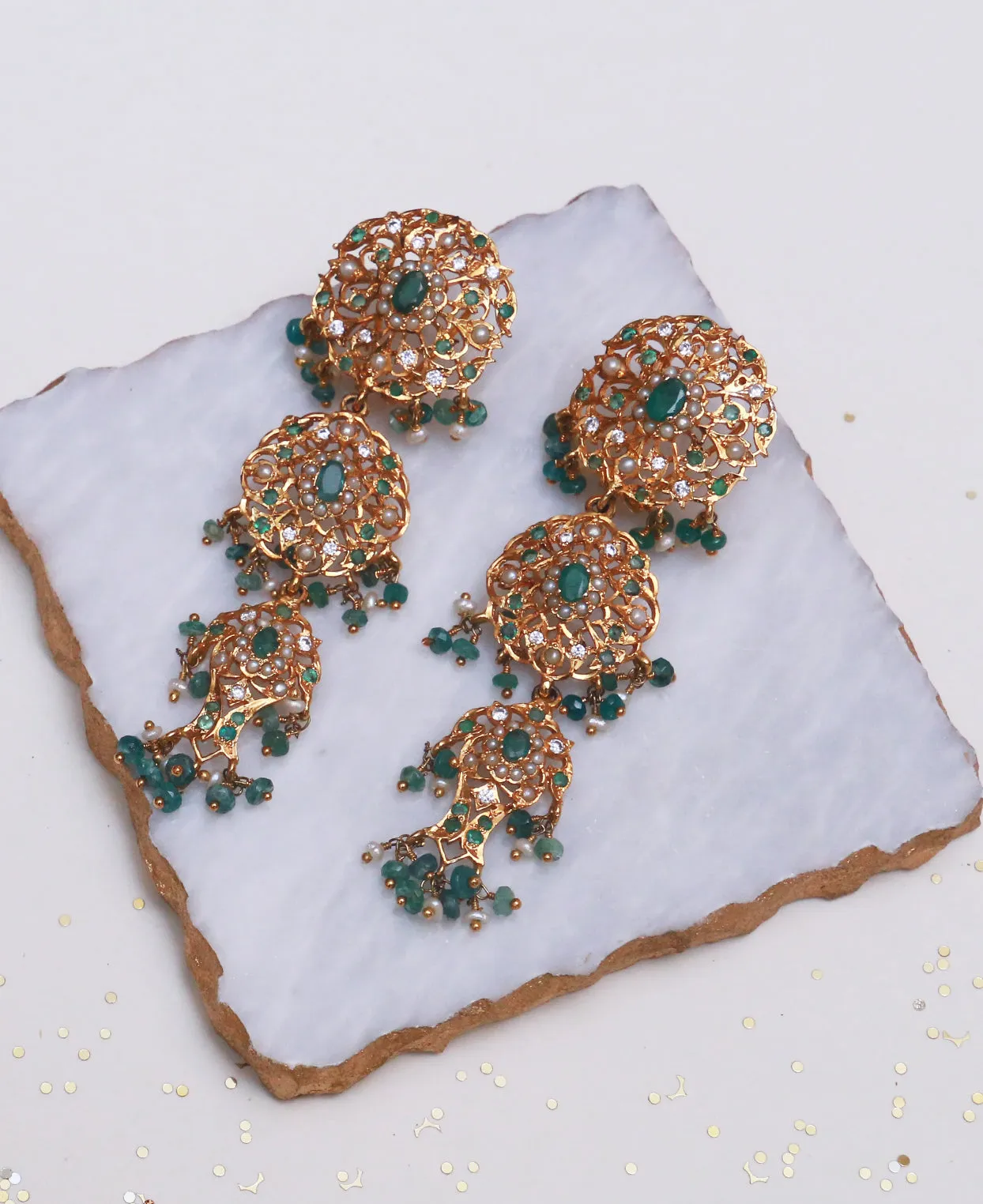 Emerald Jhalar Hyderabadi Earrings