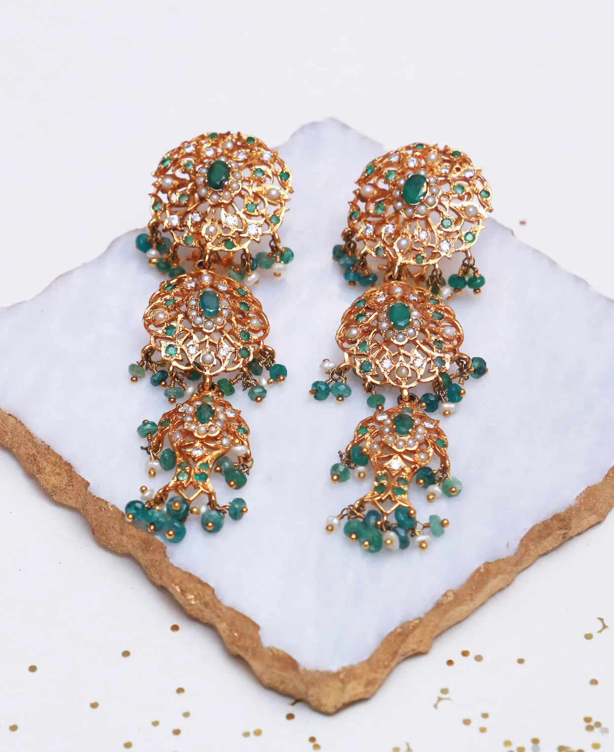 Emerald Jhalar Hyderabadi Earrings