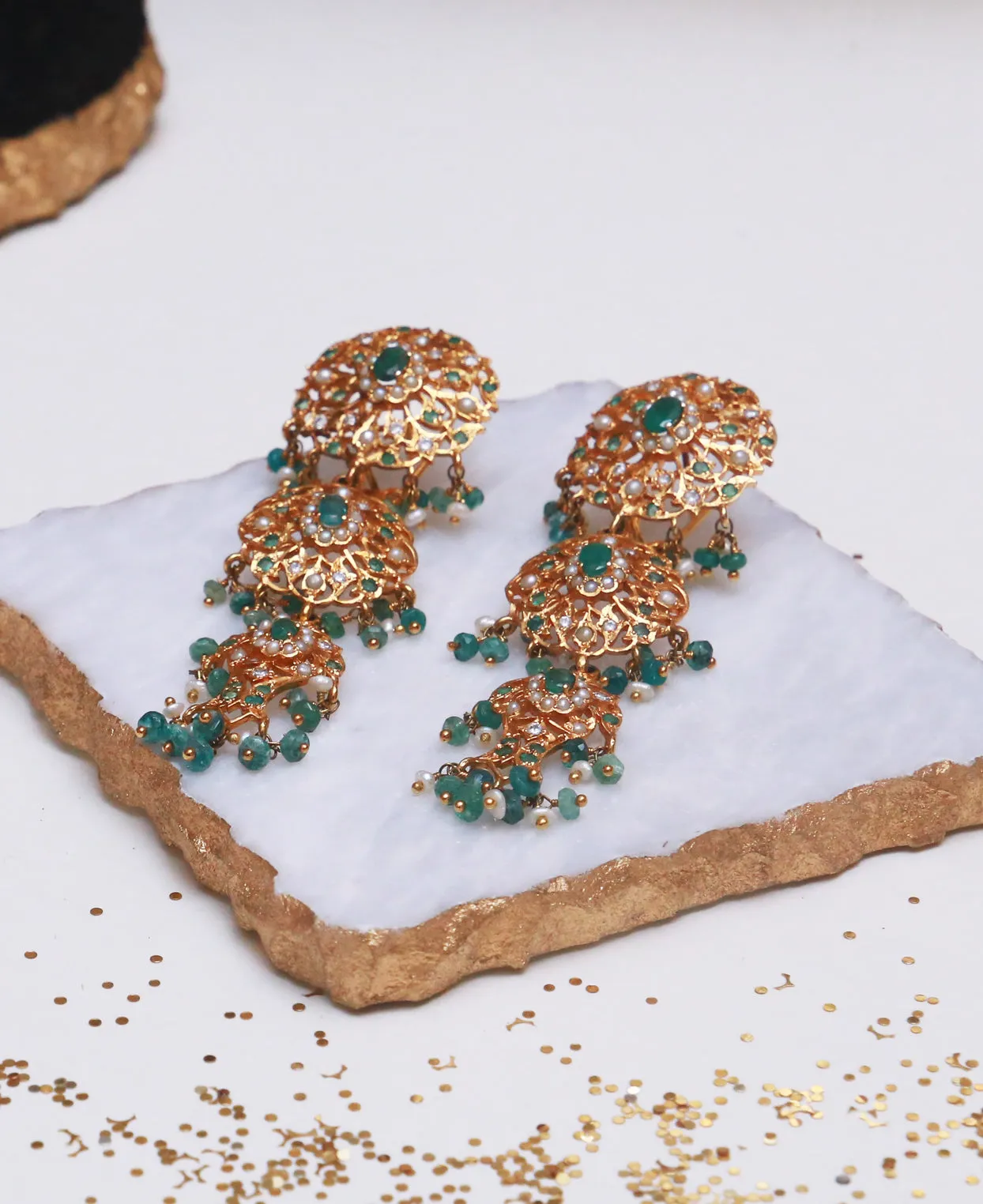 Emerald Jhalar Hyderabadi Earrings