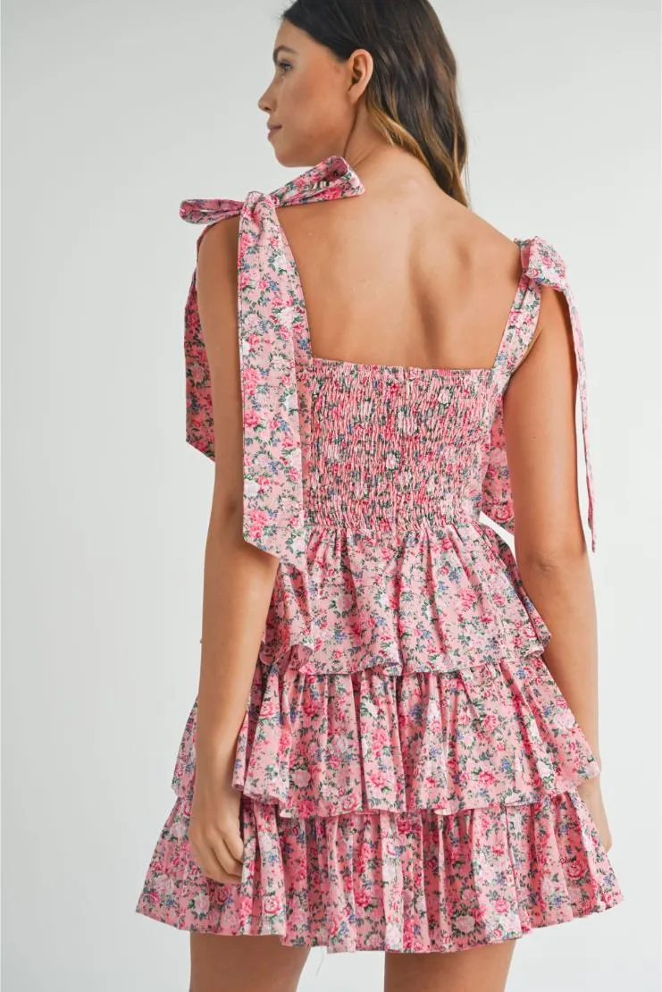 Emma Shabby Chic Floral Tiered Mini Dress - Pink