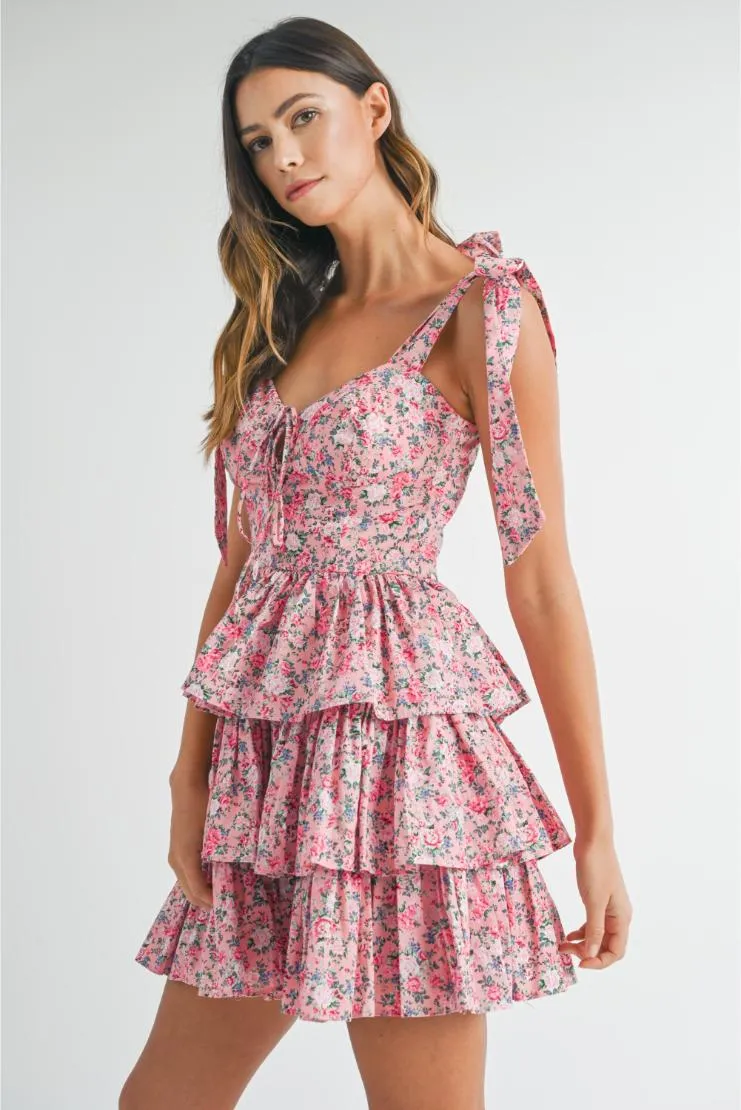 Emma Shabby Chic Floral Tiered Mini Dress - Pink