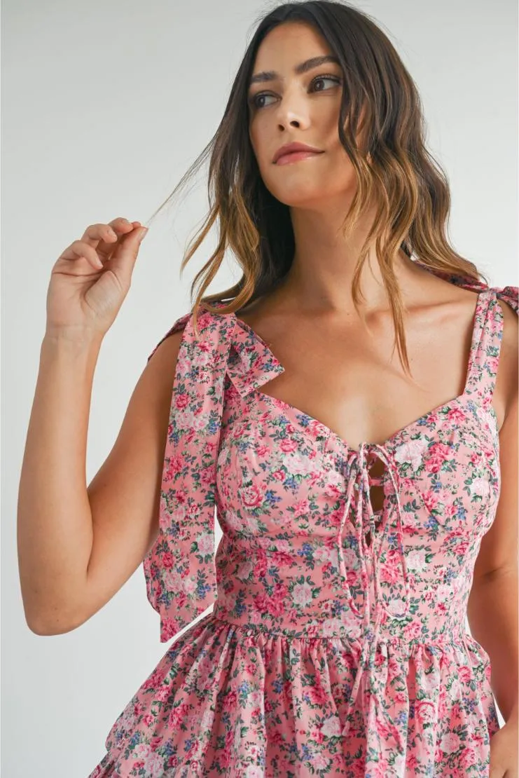 Emma Shabby Chic Floral Tiered Mini Dress - Pink