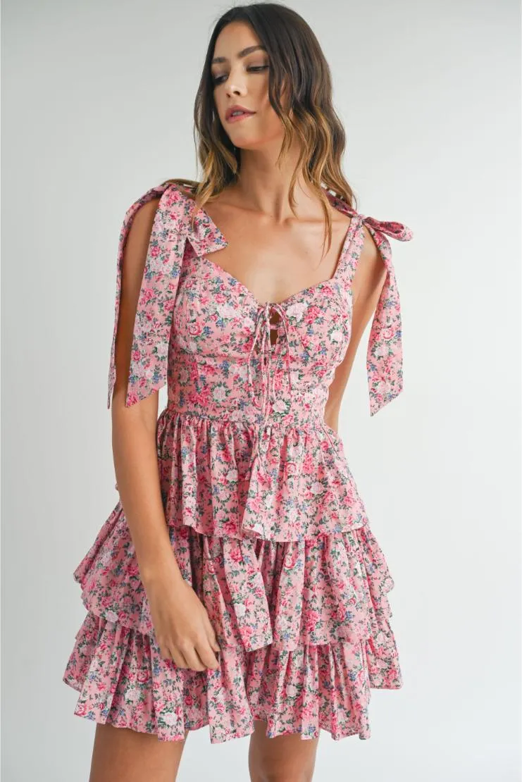 Emma Shabby Chic Floral Tiered Mini Dress - Pink