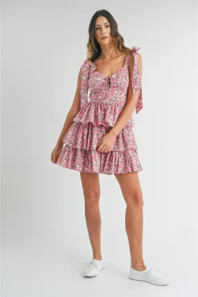 Emma Shabby Chic Floral Tiered Mini Dress - Pink