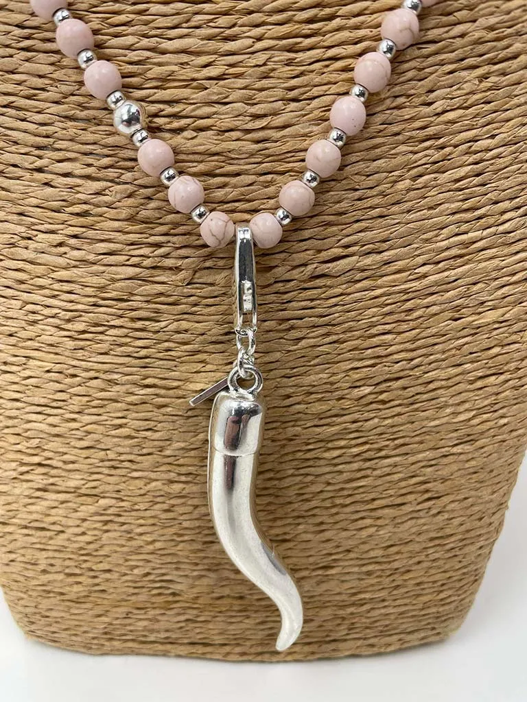 Envy Beaded Tusk Pendant Necklace - Silver & Pink