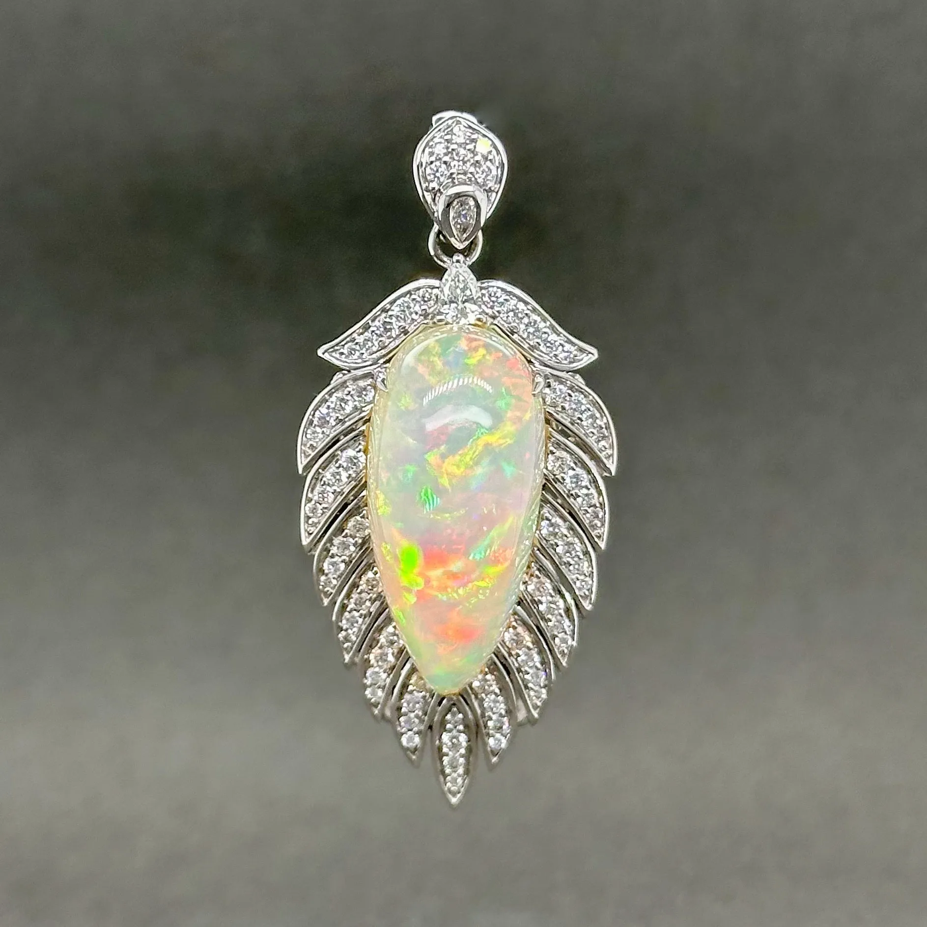 Estate 18K W Gold 20.21ct Opal & 0.75ctw H-I/SI1-2 Diamond Feather Pendant