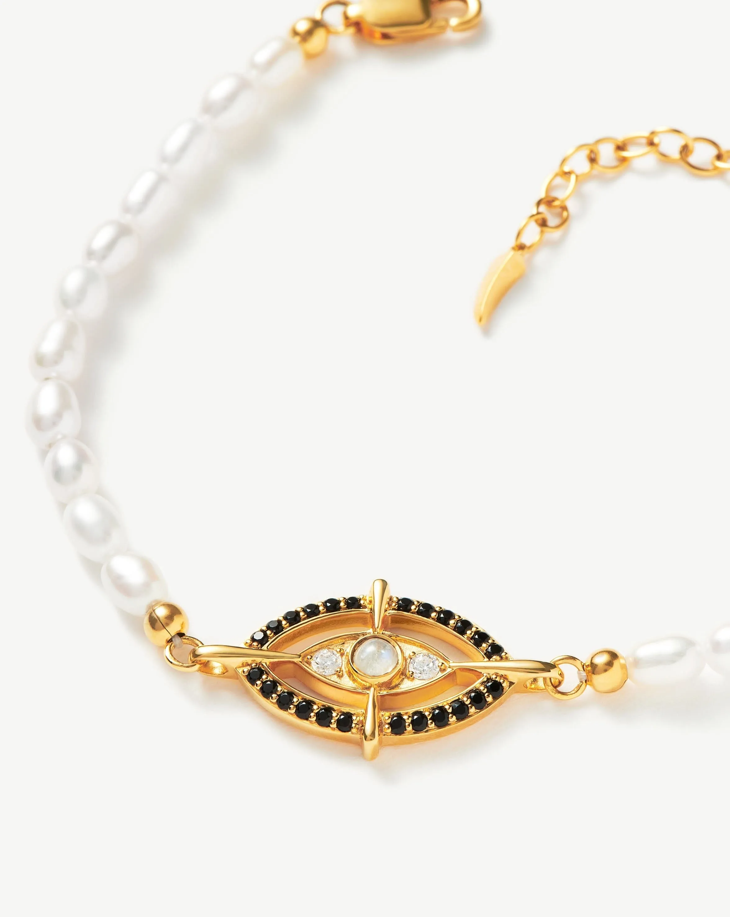 Evil Eye Amulet Pearl Pendant Bracelet | 18ct Gold Plated Vermeil/Rainbow Moonstone & Pearl