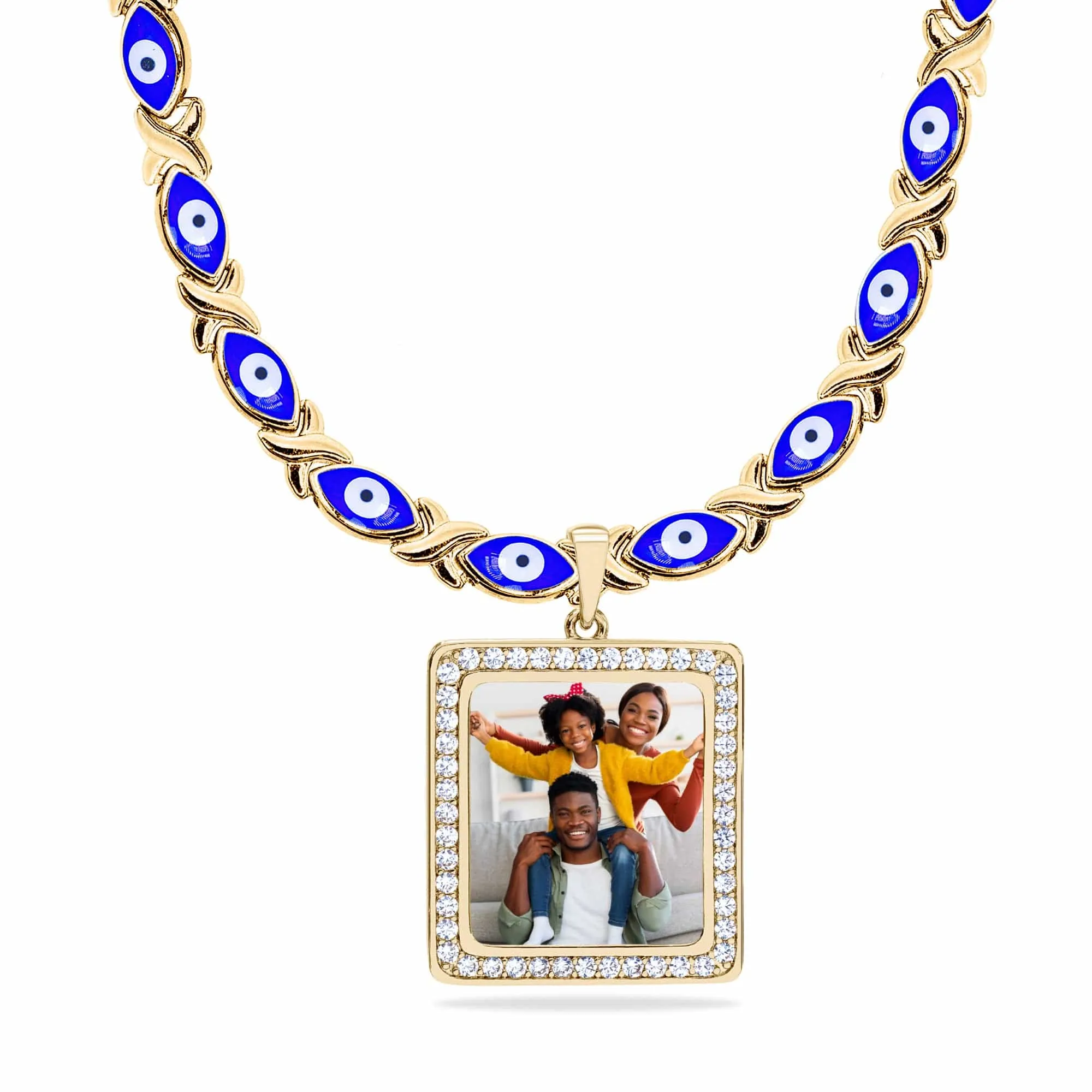 Evil Eye Xo Chain Iced Out Square Photo Pendant