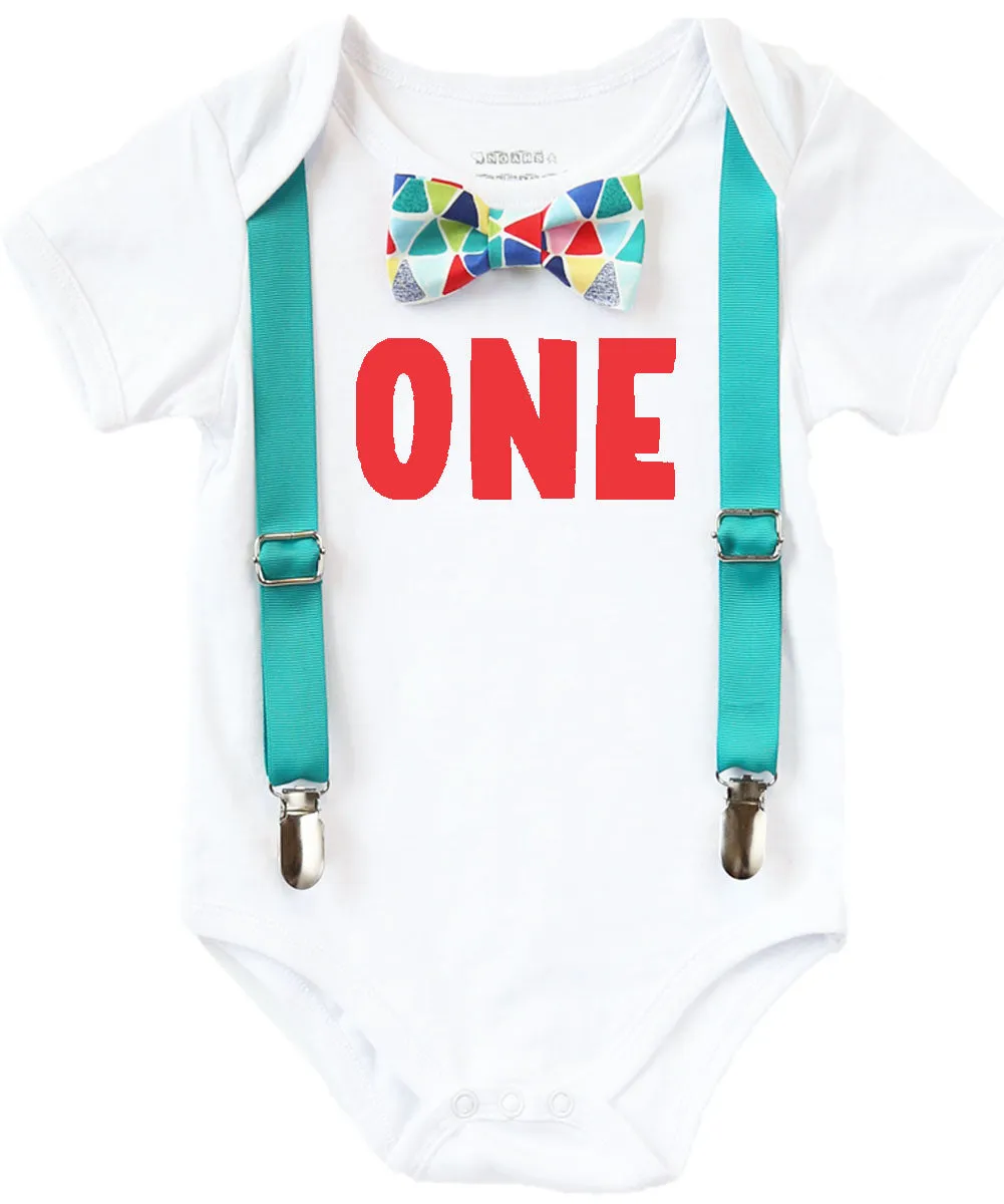 First Birthday Outfit Boy Teal and Rainbow Colorful Bow Tie Red One