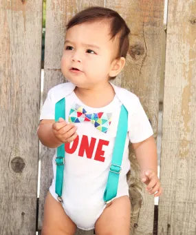 First Birthday Outfit Boy Teal and Rainbow Colorful Bow Tie Red One