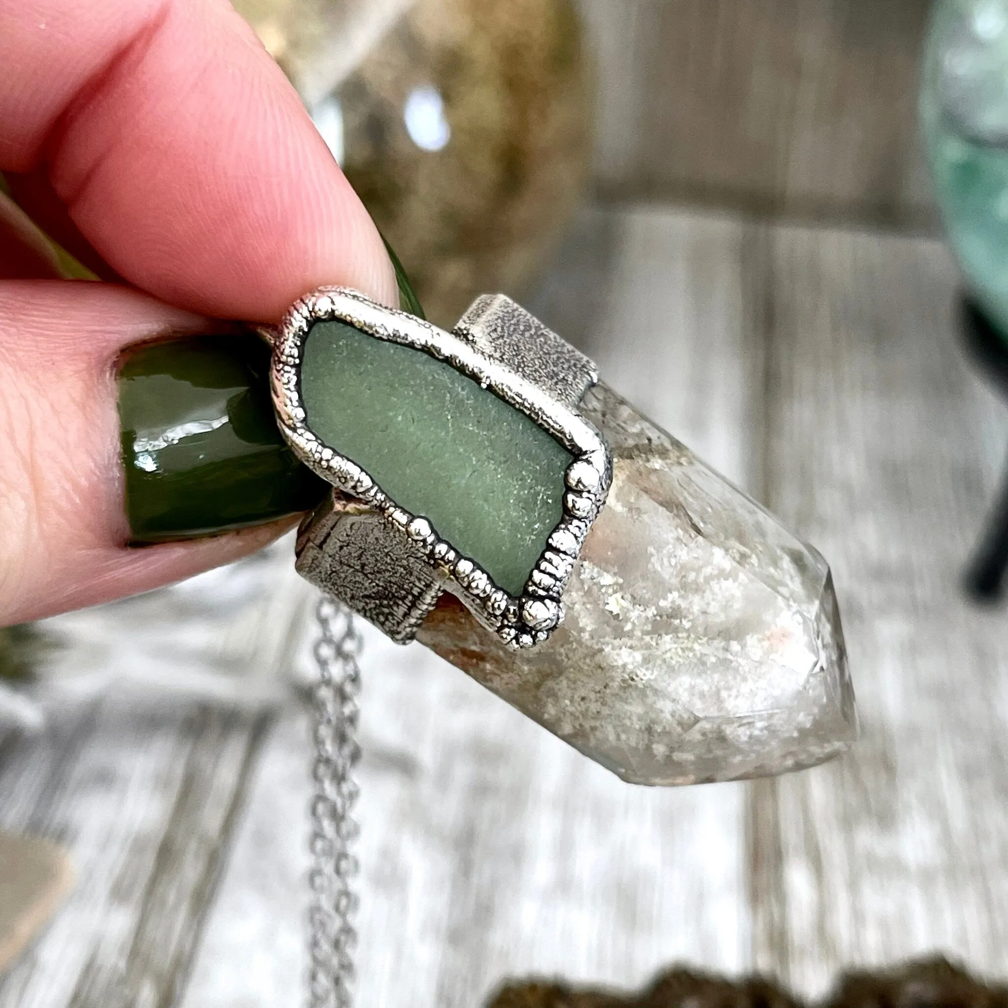 Garden Quartz & Green Sea Glass Crystal Statement Necklace in Fine Silver / Foxlark Collection - One of a Kind