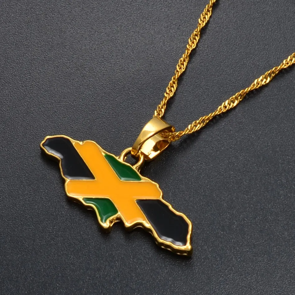 Gold-Plated Jamaica Map and National Flag Pendant Necklace