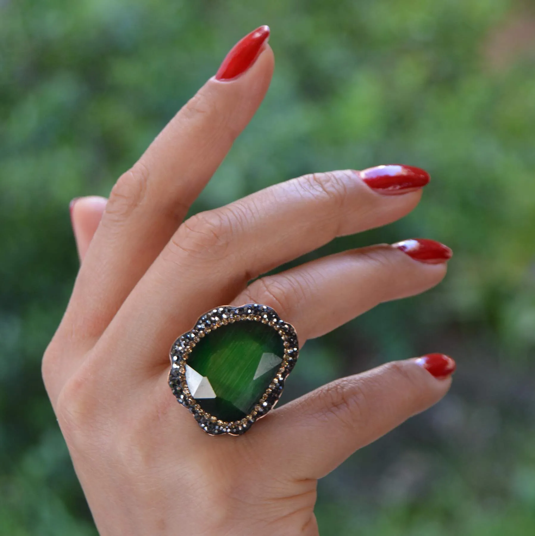 Green Crystal Adjustable Ladies Ring