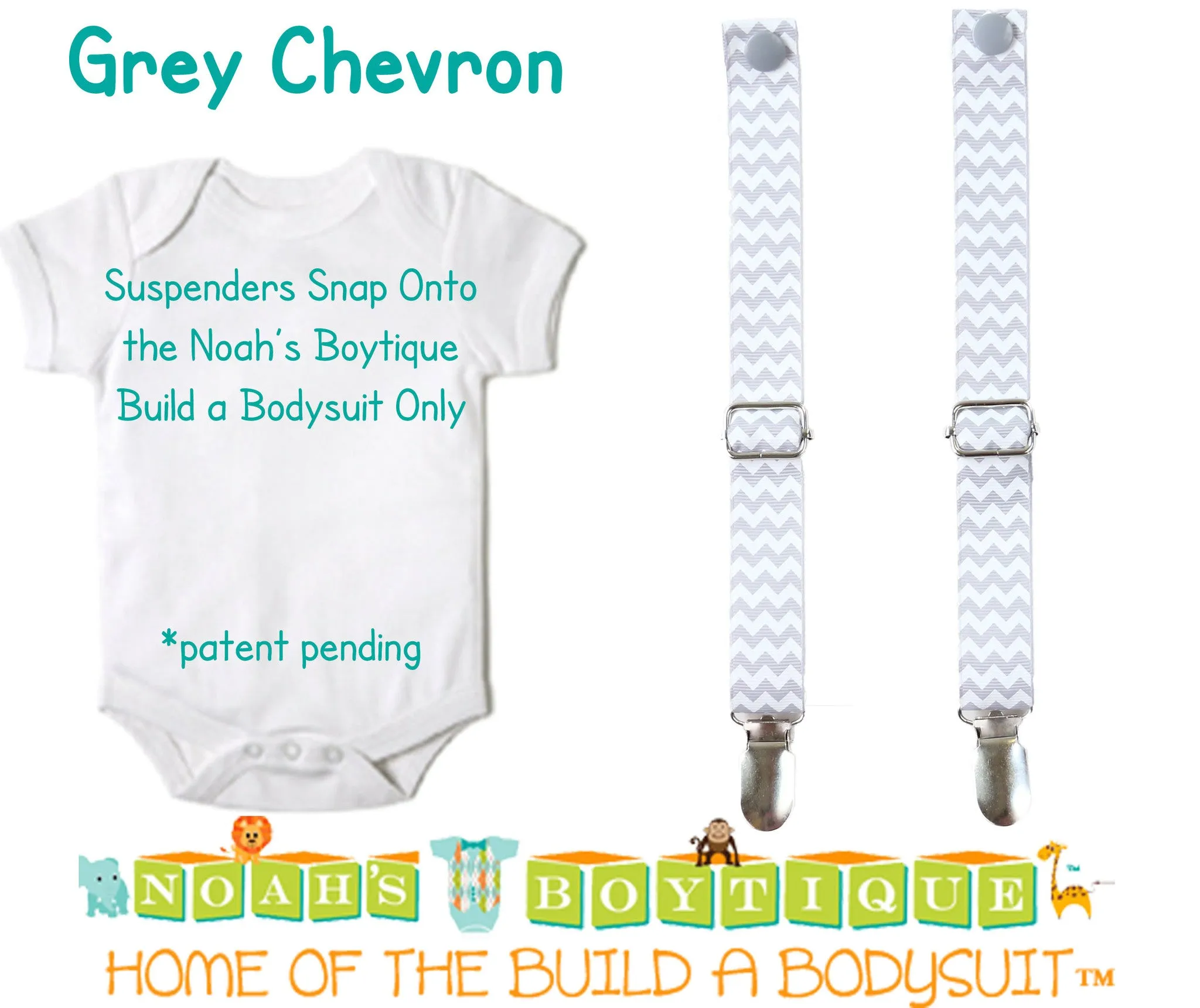 Grey Chevron Noah's Boytique Bodysuit Suspenders - Snap on Suspenders - Suspender Outfit - Baby Suspenders - Newborn Suspender - Gray