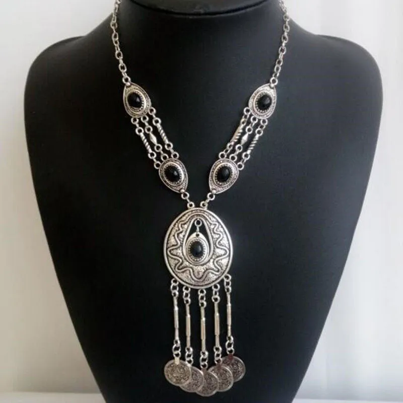 Gypsy Necklace With Black Stones And Silver Coins Boho Statement Jewelry Gipsy Wanderer