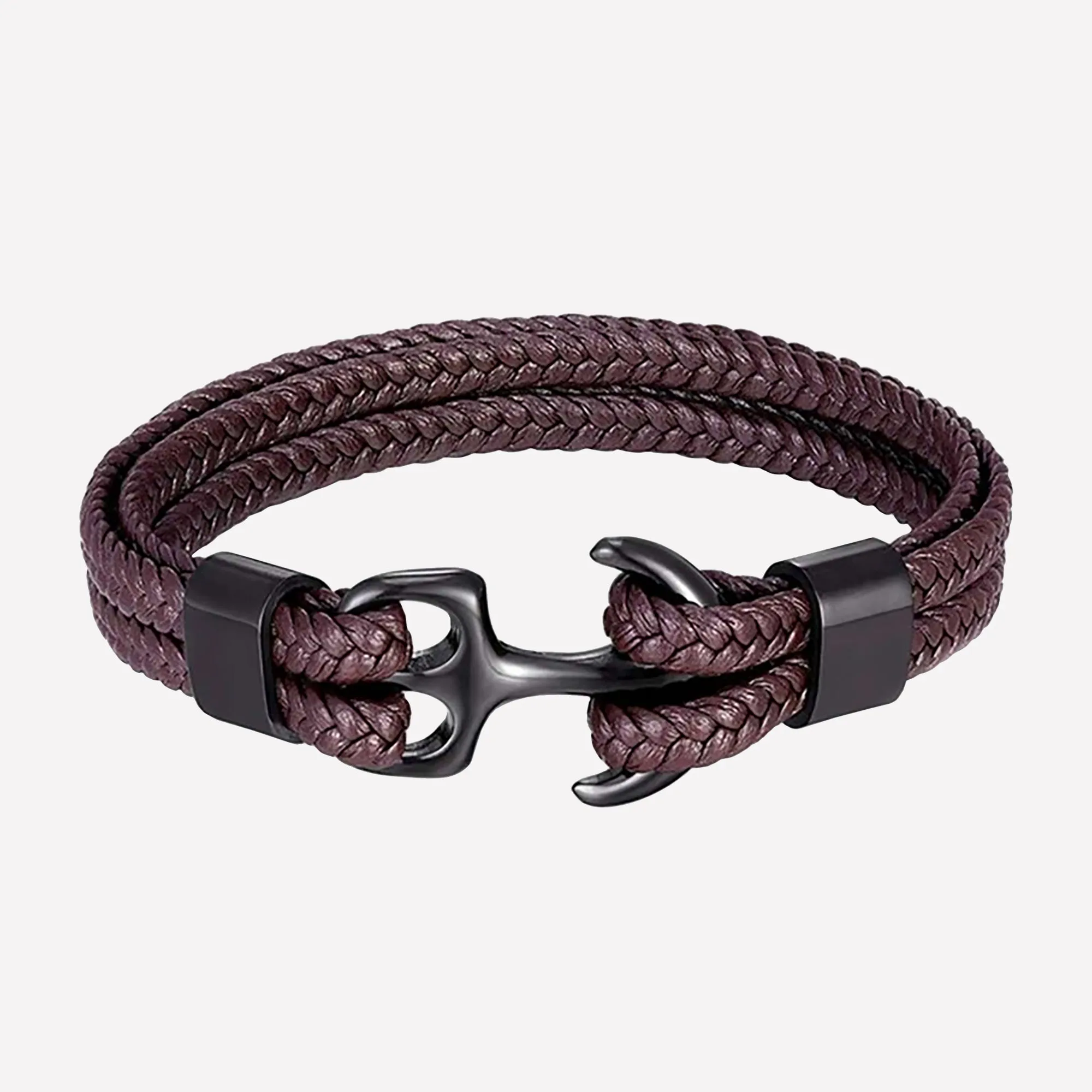 High-Quality Woven Black Leather Rope Bracelet with Anchor Clasp