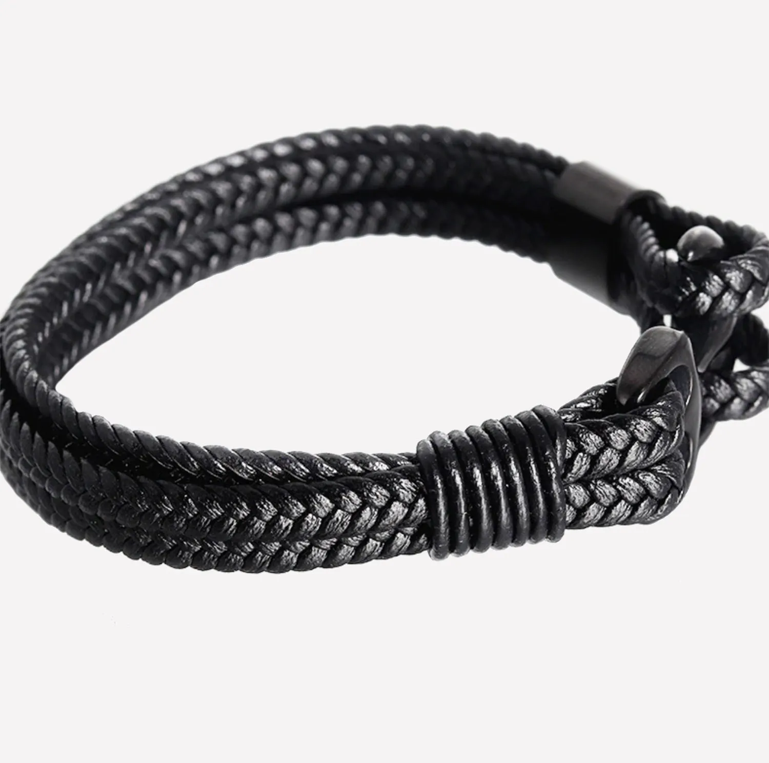 High-Quality Woven Black Leather Rope Bracelet with Anchor Clasp