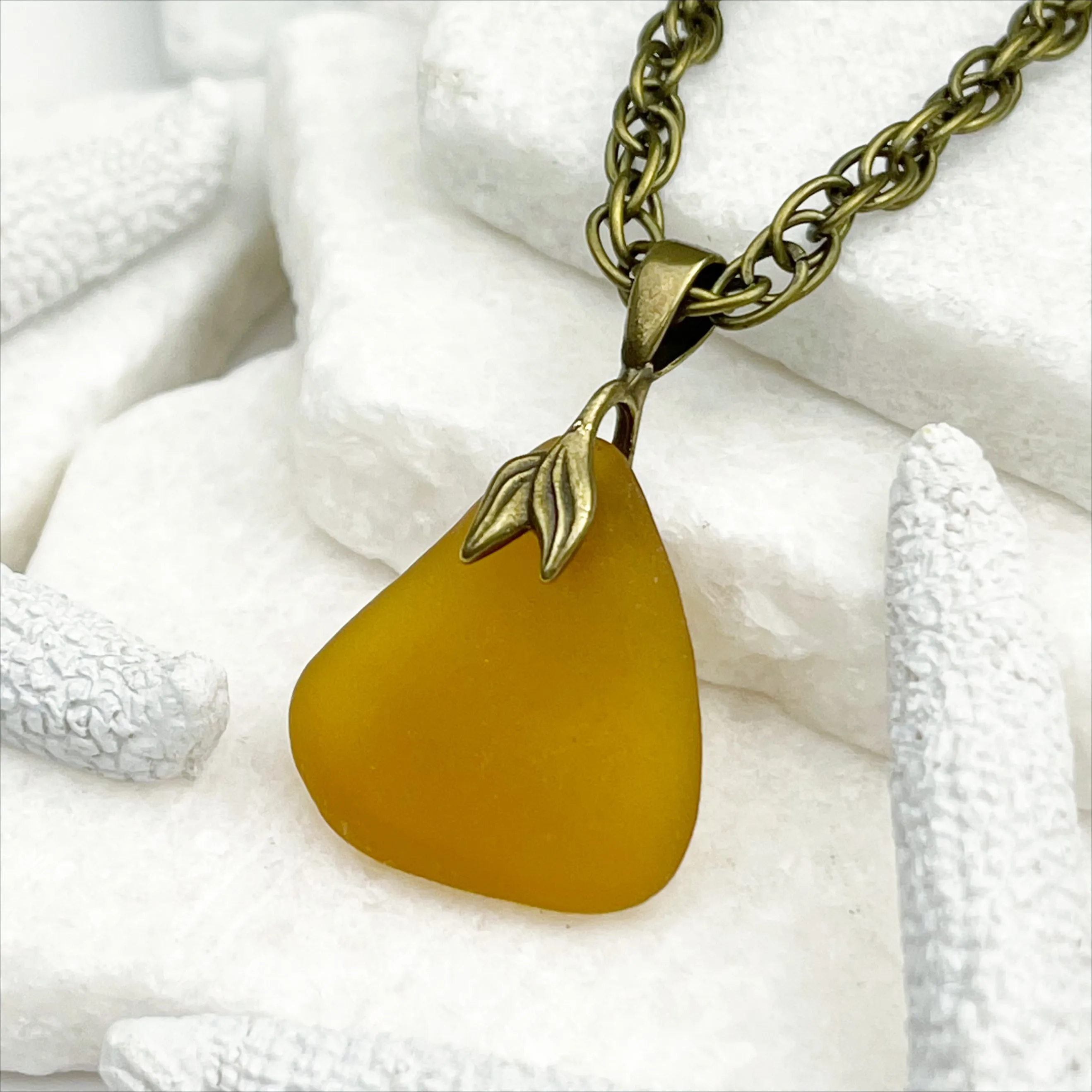 Honey Amber Sea Glass and Bronze Mermaid Tail Bail | #5044