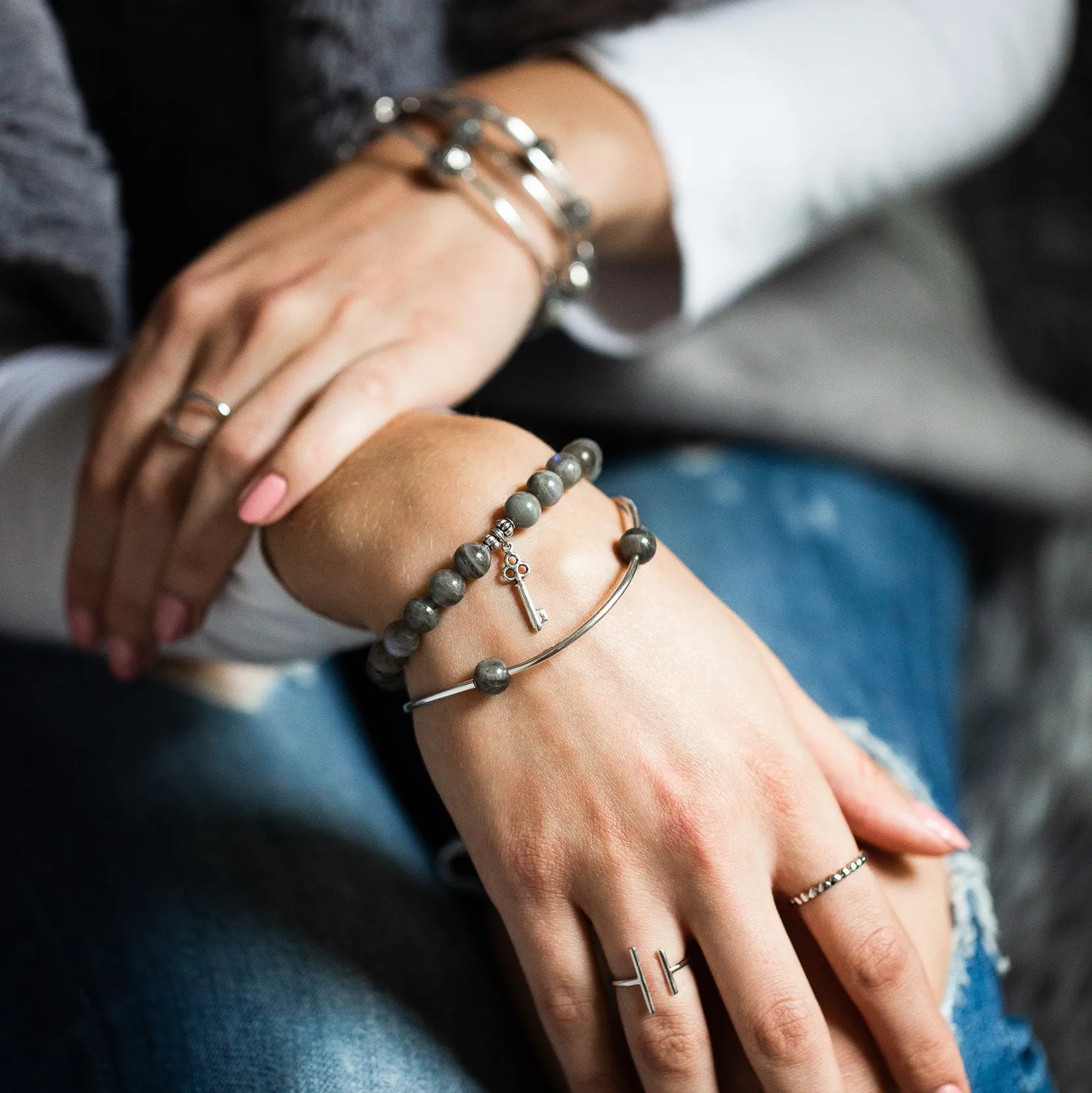 Hummingbird | Soft Bangle Charm Bracelet |  Labradorite