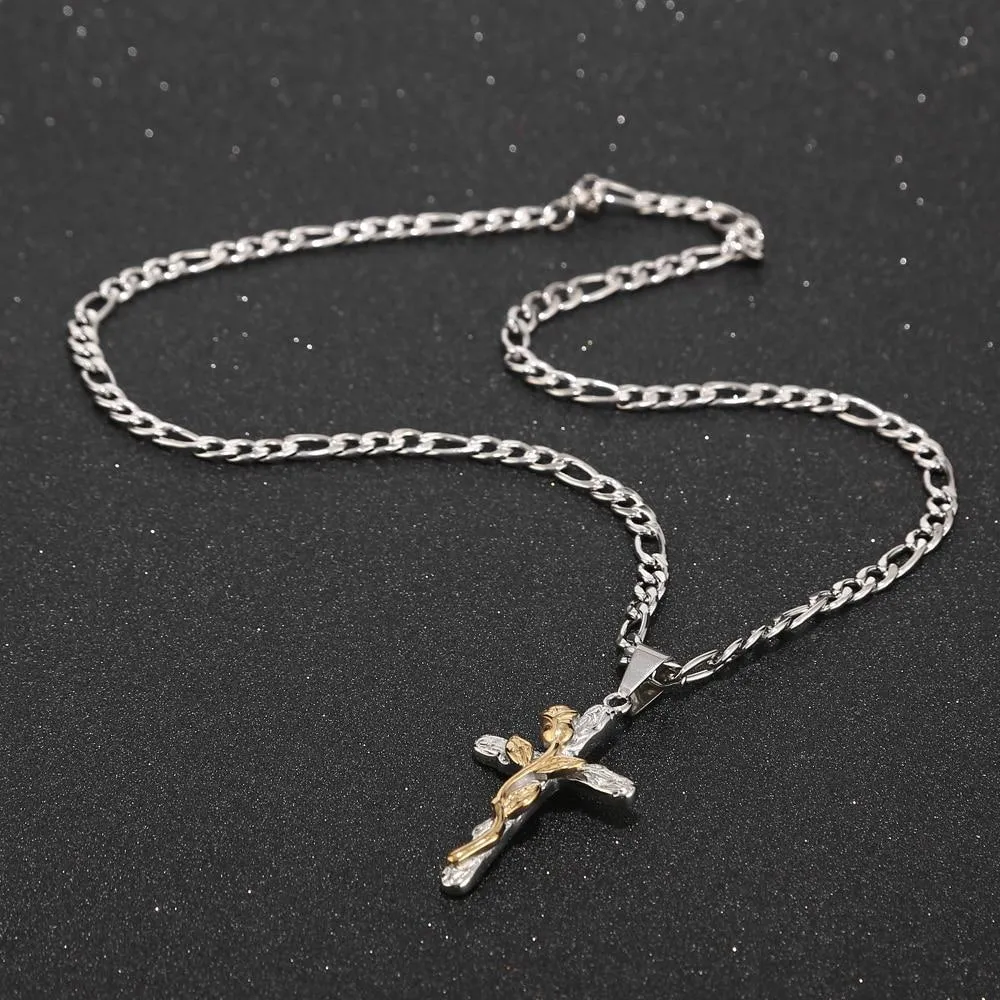 Jesus Cross Rose Charm Pendant Silver Chain Necklace