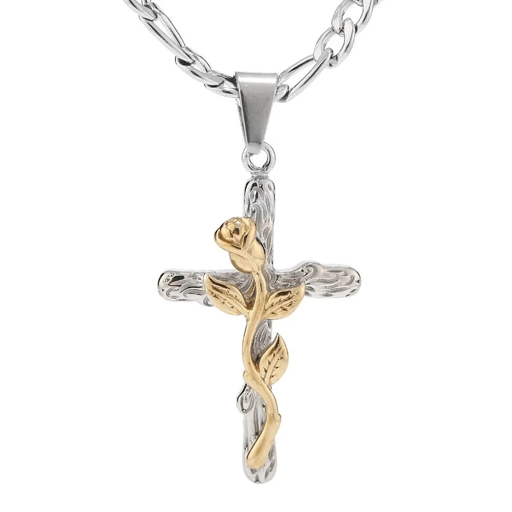 Jesus Cross Rose Charm Pendant Silver Chain Necklace