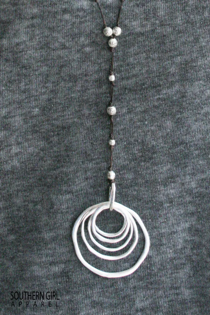 Long Necklace with Metal Alloy Rings and Beads