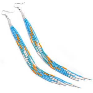 Long Seed Bead Earrings Shoulder Dusters Extra Long American Indian Made 7.5" Turquoise Orange And White For Free Spirited People