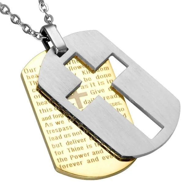 Lord's Prayer Dual Dog Tag with Hollow Cross Necklace