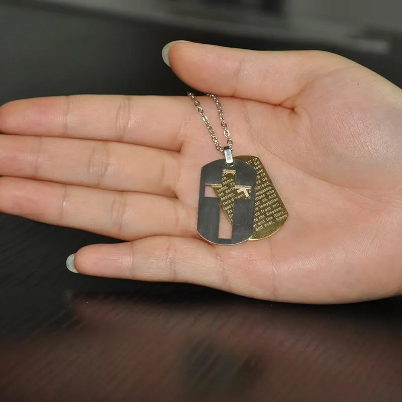 Lord's Prayer Dual Dog Tag with Hollow Cross Necklace