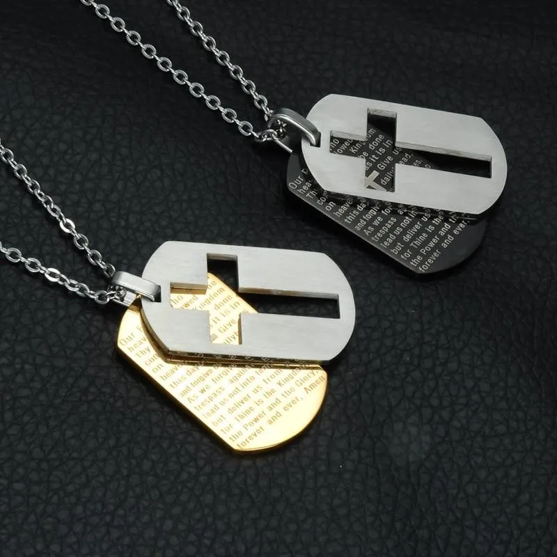 Lord's Prayer Dual Dog Tag with Hollow Cross Necklace