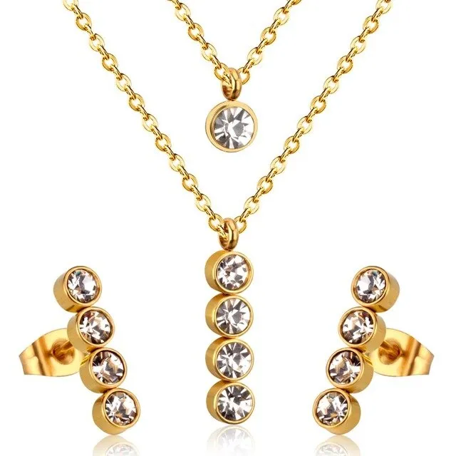 LUXUKISSKIDS Jewelry Set Stainless Steel Crystal Double Round Pendant Necklace Earring Wedding Dubai Jewelry Set For Women Girls