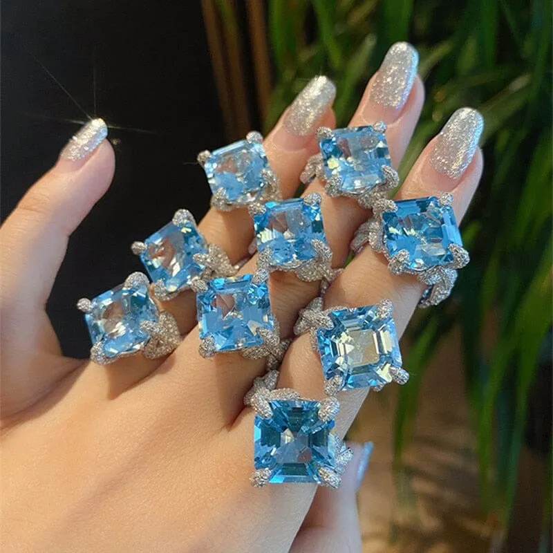 Luxury Blue Big Square Topaz Designer Ring