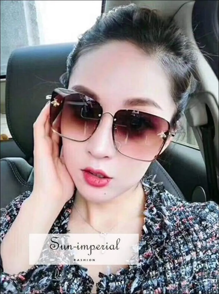 Luxury Square Bee Sunglasses Women Vintage Metal Frame Oversized Sun Glasses Female Gradient Shades