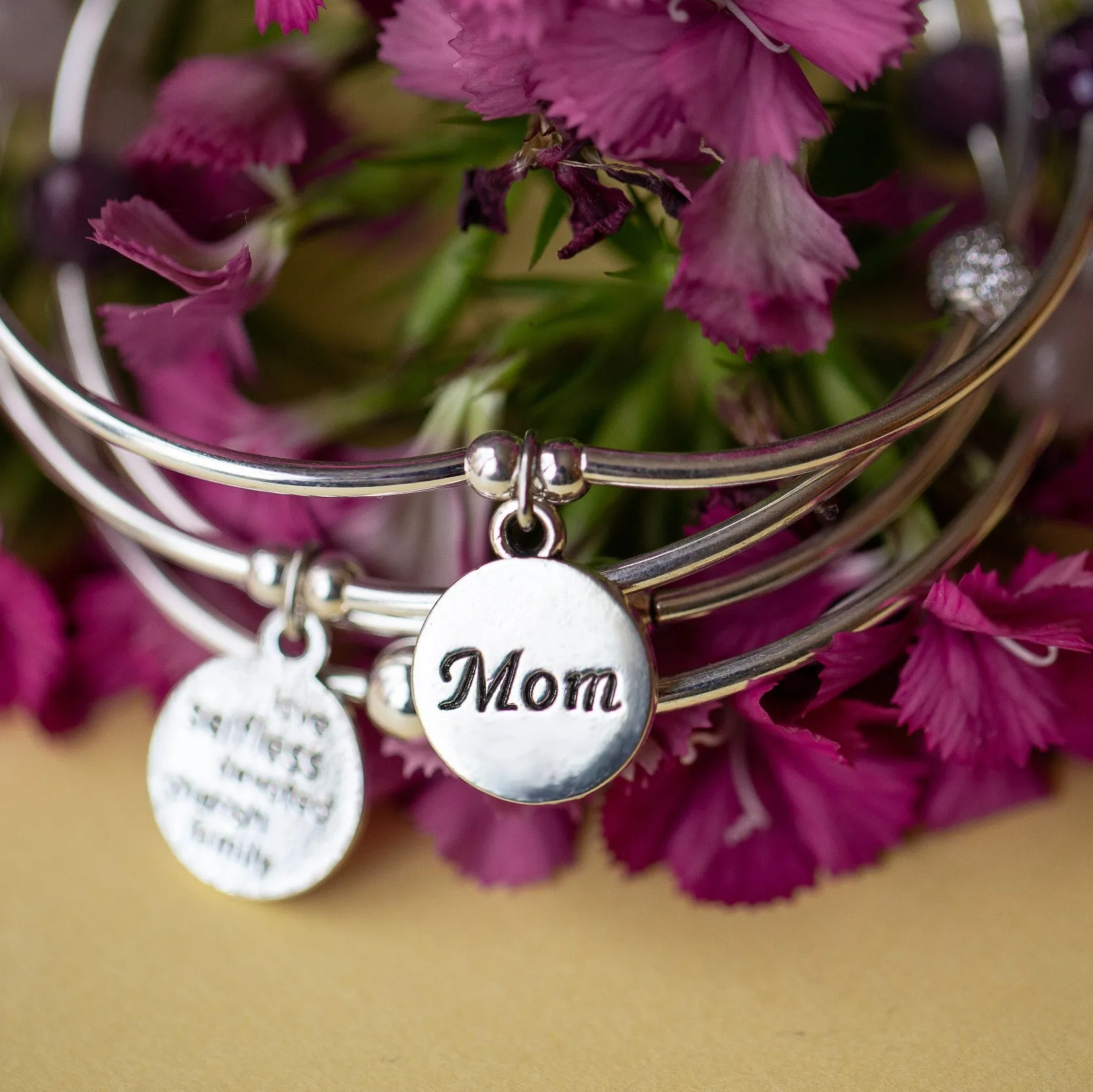 Mom | Soft Bangle Charm Bracelet | Hematite