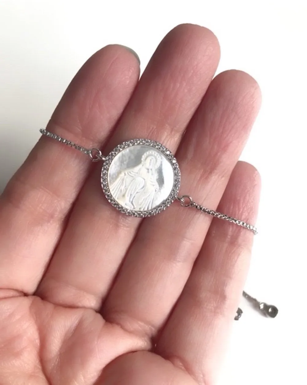 Mother of Pearl Carved Miraculous Virgin Bracelet, Blessed Mother Jewelry, Silver Plated Bracelet, Catholic Christmas Gift, Virgen Milagrosa