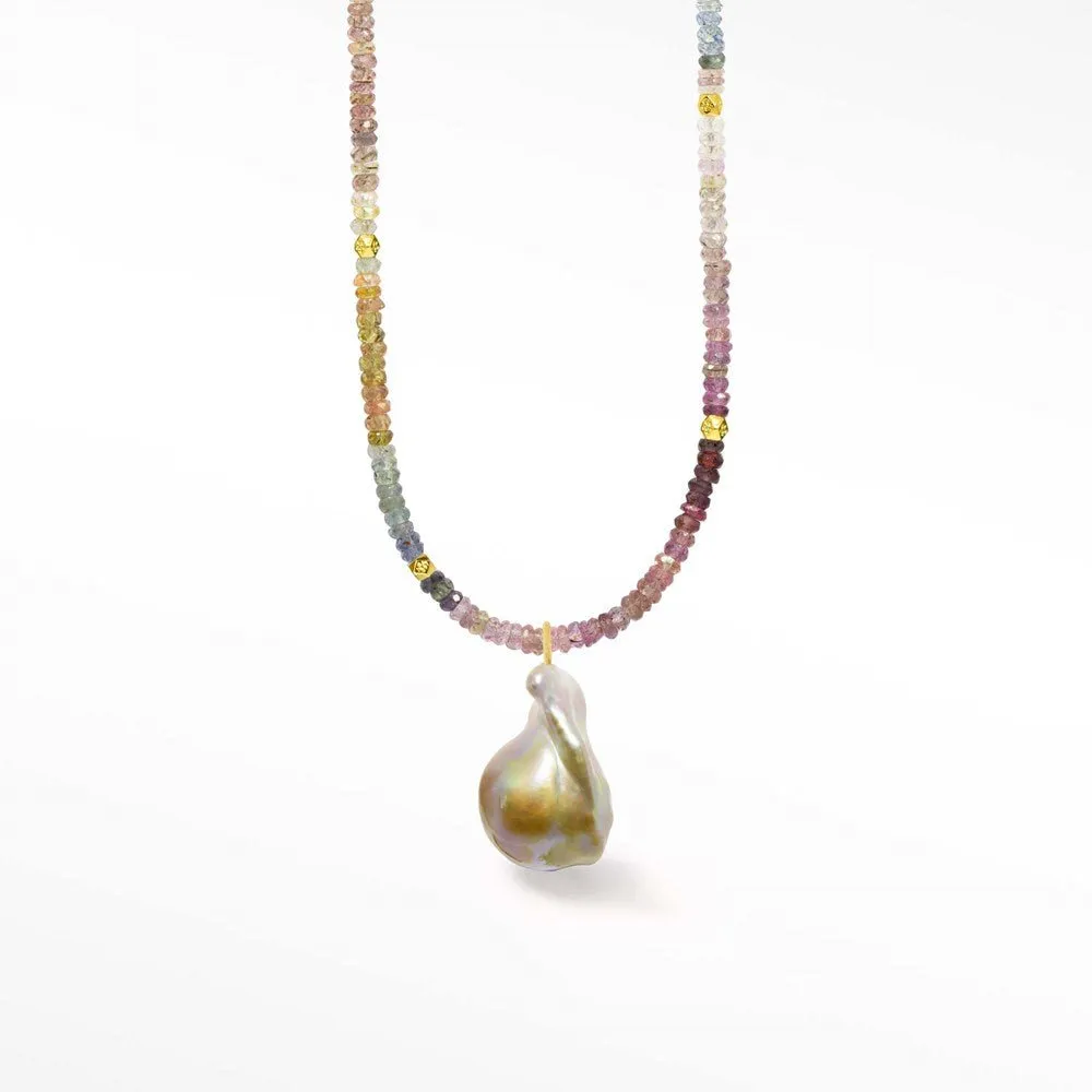 Multi Sapphire Baroque Pearl Gold 18k Necklace