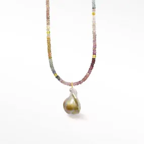 Multi Sapphire Baroque Pearl Gold 18k Necklace