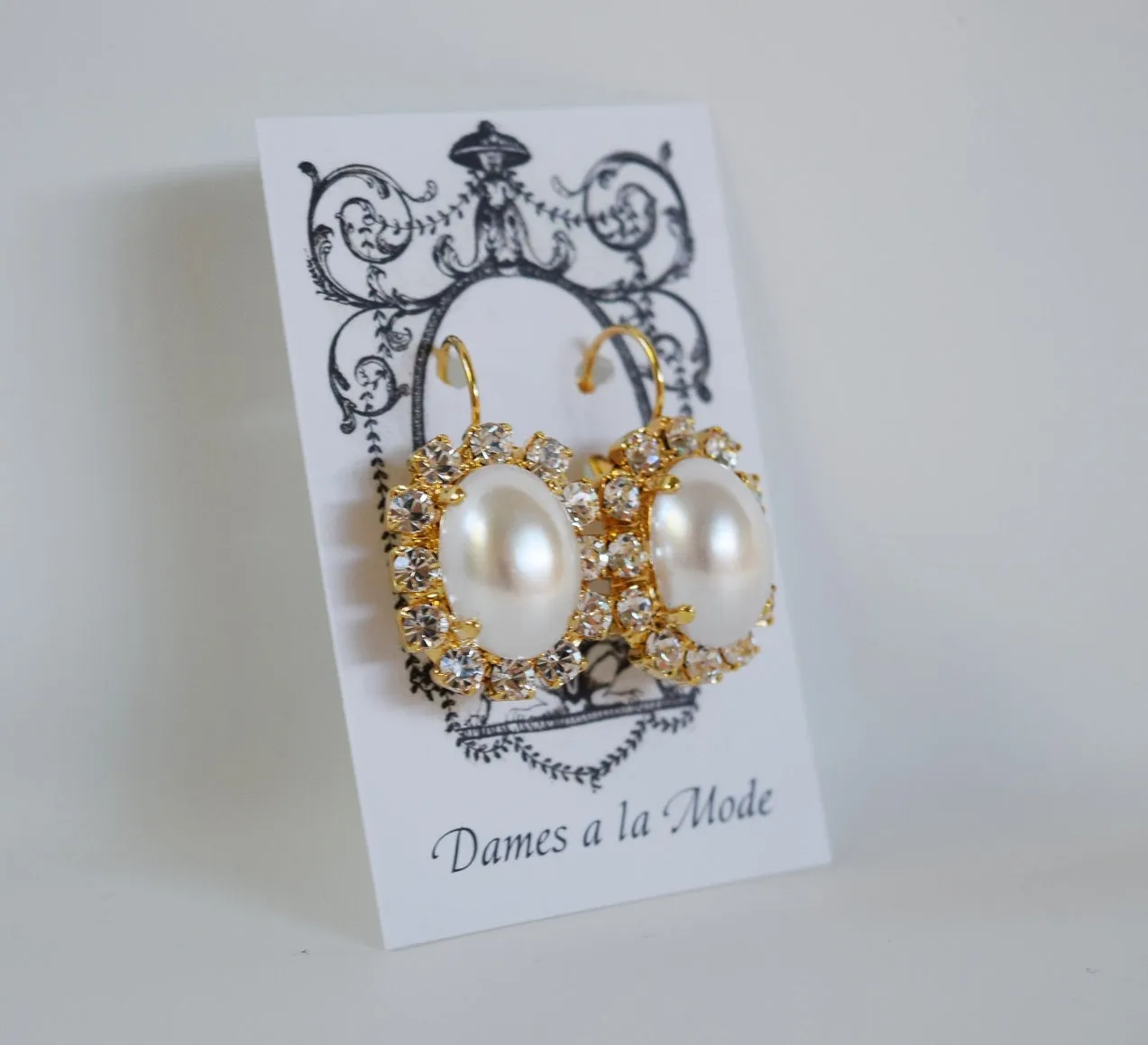 Pearl and Crystal Cluster Earrings - Large Oval