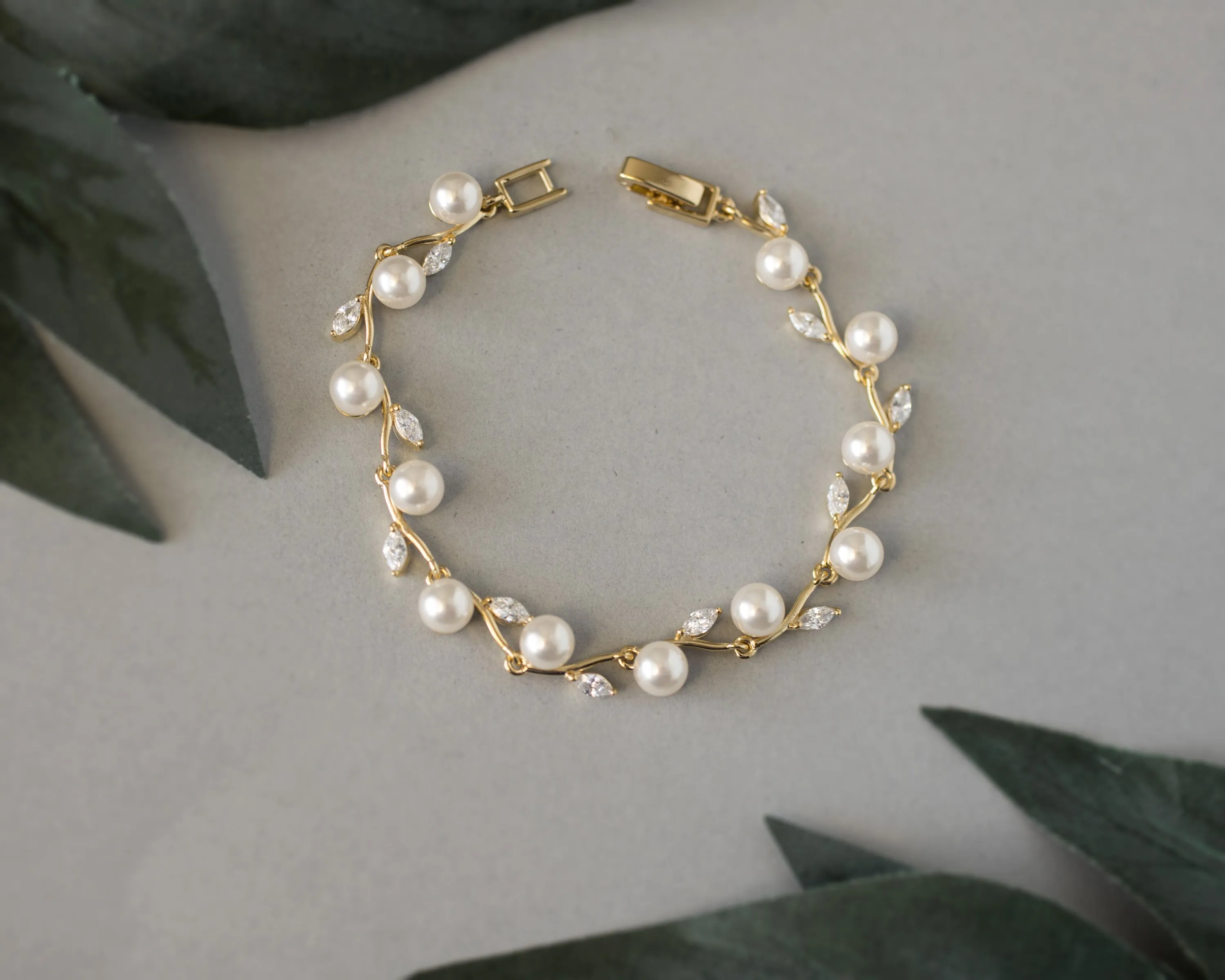 Pearl and CZ Leaves Bracelet