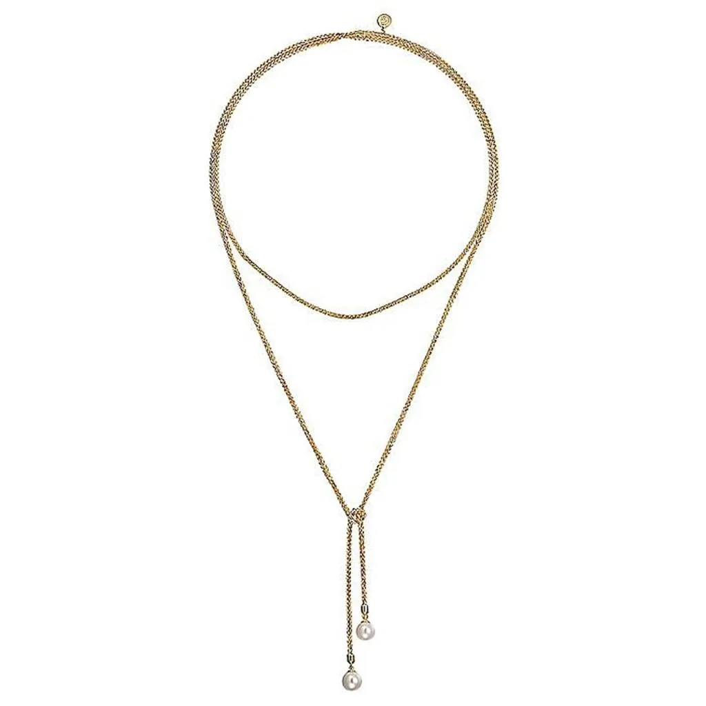 Pearl Wrap Around & Tie Necklace - 42", 14K Yellow Gold