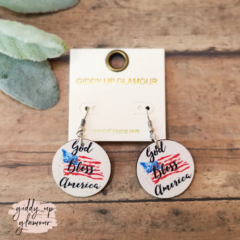 "God Bless America" Wooden Earrings in White